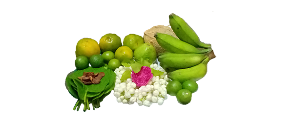 coconut, flowers and fruits